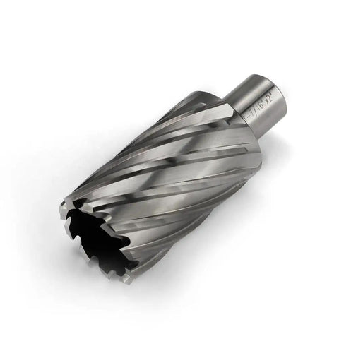 Heavy Duty High Speed Steel Annular Cutter With Weldon Shank Precision Hole Saw For Magnetic Drills And Mill Tools 3/4 Shank 1-7/16 Cut Dia 2 Inch Depth shown from side, showcasing cutting teeth.