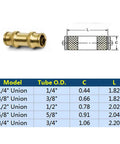 Brass Quarter Inch Push To Connect Pneumatic Fittings Set with dimension chart and diagram, 5 Piece Quick Connect Air Hose Fittings.