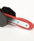 Side view of 4 In 1 Universal Disc Brake Caliper Tool With 360 Degree Piston Spreaders, red handle, two steel plates visible