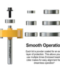 Rabbet Router Bit Set With 1/4 Inch Shank And 6 Bearings, showing interchangeable depth bearings and anti-kickback design