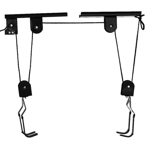 Heavy Duty Ceiling Hoist Pulley System With 60kg Capacity Overhead Bike Rack And Kayak Hanger in steel with rubber-coated hooks.