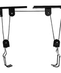 Heavy Duty Overhead Hoist And Pulley System With Sixty Kilogram Capacity, steel garage storage solution, hooks and pulleys view.