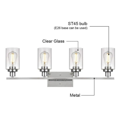 Chrome 2 Light Wall Sconce For Bathroom Vanity, Modern Over Mirror Lighting Fixture With Clear Glass Shade, E26 base