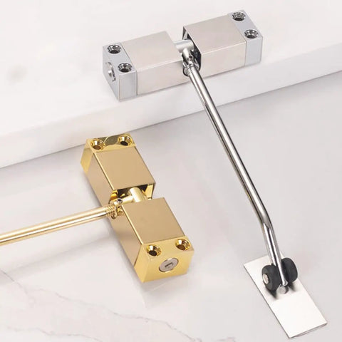 Automatic Home Door Closer With Durable Aluminum Alloy And Cold Rolled Steel Build, Smooth Quiet Self-Closing, silver and gold finish.