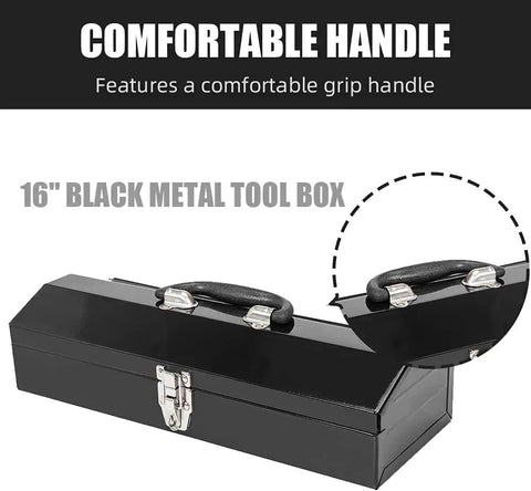 Rugged Hip Roof Portable Steel Tool Box With Metal Latch Closure, 16.7 Inch L X 6.9 Inch W X 4.9 Inch H, Black Finish, Easy Carry Handle