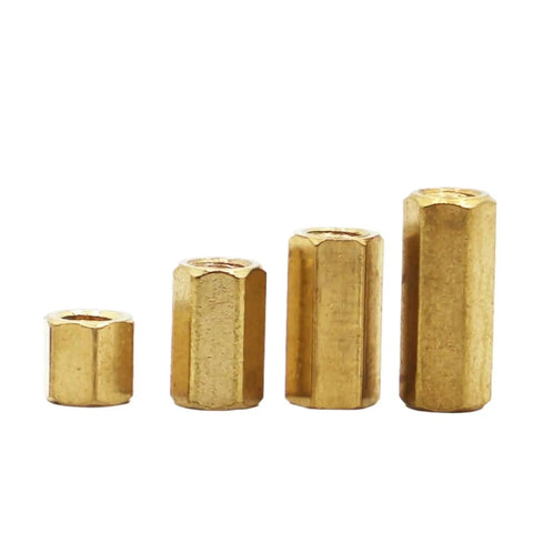 Set of M2 M2.5 M3 M4 M5 Hex Brass Female Standoff PCB Spacers showing varying sizes for computer case setup and circuit board spacing.