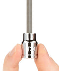 Close-up of hand holding a chrome Torx bit socket from the Three Eighths Inch Drive Torx Bit Set With External Star Sockets And Case.