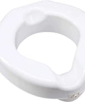 Raised Toilet Seat With Extra Wide Opening Adds 4.25 Inches Of Height For Seniors And Handicap No Tools Required Easy Install Riser White Safe Lock System Supports Up To 300 Pounds, shown in white with locking mechanism visible