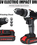 Heavy Duty Workhorse Cordless Drill Driver Set With Brushless Motor And Knockout Impact Wrench Packed With Bright Job Site LEDs And Two All Day Run Time Lithium Ion Batteries Plus One Click Charger And 26 Piece Pro Accessory Kit - 36V electric impact drill with self-locking chuck.