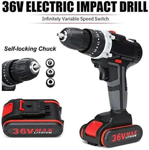 Heavy Duty Workhorse Cordless Drill Driver Set With Brushless Motor And Knockout Impact Wrench Packed With Bright Job Site LEDs And Two All Day Run Time Lithium Ion Batteries Plus One Click Charger And 26 Piece Pro Accessory Kit - 36V electric impact drill with self-locking chuck.