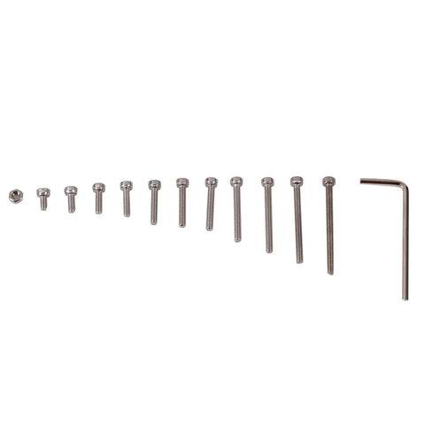 Solid 440 Piece Metric M3 Machine Screw Assortment Kit 304 Stainless With Hex Heads Two Hex Keys Ideal For Machinery Electronics Repair Needing Rust Proof Fasteners That Stay Secure Stop Loosening For Pros And DIYers Keep Gear Tight On Project. M3 screws and hex key laid out