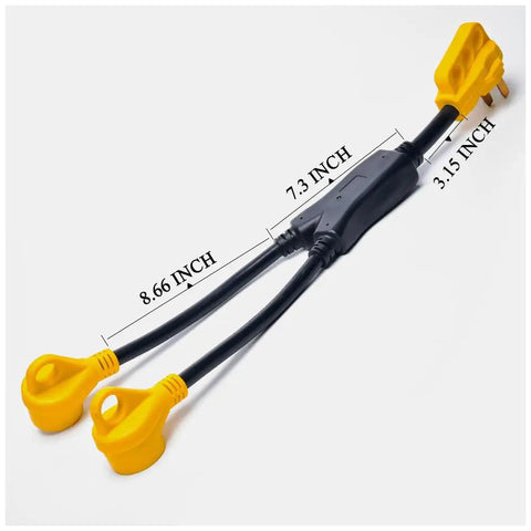 RV Power Adapter Cord 50A Male To Dual 30A Female, 2.5 Foot With Handy Grip Handle shown with measurements