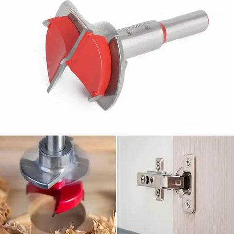 Heavy Duty 35mm Hinge Hole Locator Template Adjustable For Forstner Bits with red cutting edges for precise drilling.