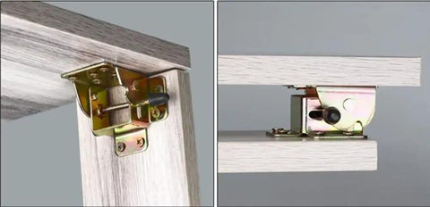 Kickass 90 Degree Folding Self Locking Hinge With Heavy Duty Furniture Foot Bracket Galvanized Metal Iron Dark Bronze Finish For Cabinets That Really Hold Their Ground Smoothly Every Single Time Without Any Hassle, showcasing two angles of a hinge.