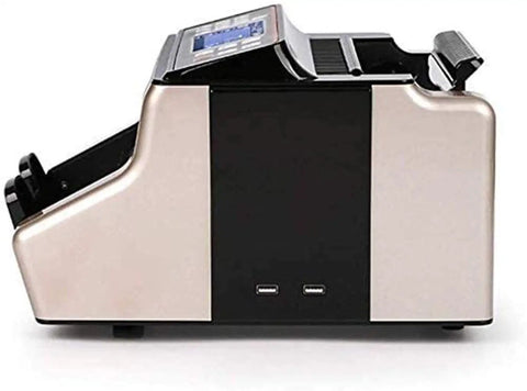 Heavy Duty Automatic Money Counter With UV IR MG Fake Bill Detection Variable Speed Cash Counting Machine, side view with LED display.