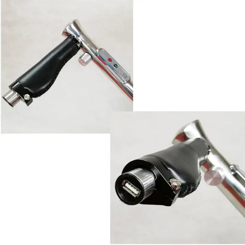 Heavy Duty Electric Golf Caddy handle detail with control panel, showing sleek design and USB charging port.