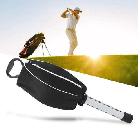 Golf Ball Picker Shag Bag With Telescopic Aluminum Tube for 80 balls, shown on golf course with player in background