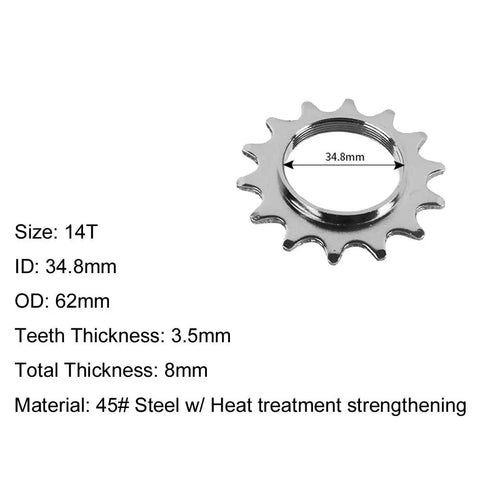 Five Size Set Freewheel Sprockets 13T 14T 15T 16T 17T For Single Speed Fixed Gear Bike With Free Lock Ring Low Noise Steel Construction Ideal For Urban Riding And Track Ready Builds, 14T size shown with dimensions.