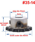 Thirty Five Chain Drive Sprocket Wheel With Fourteen Teeth For Three Eighths Inch Pitch And Thirty Five H Roller Chain In A3 Steel Bore Options Ten Fifteen Sixteen Seventeen Eighteen Millimeter With Keyway And Set Screws side view
