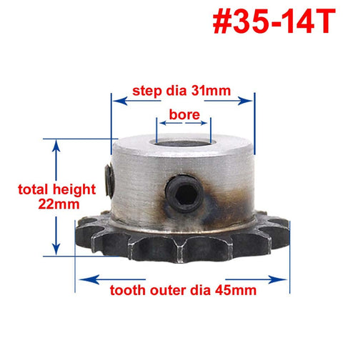 Thirty Five Chain Drive Sprocket Wheel With Fourteen Teeth For Three Eighths Inch Pitch And Thirty Five H Roller Chain In A3 Steel Bore Options Ten Fifteen Sixteen Seventeen Eighteen Millimeter With Keyway And Set Screws side view