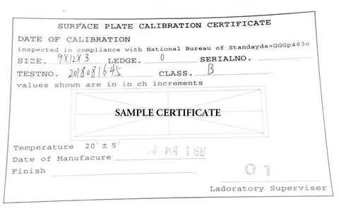 Surface plate calibration certificate document for granite plate; shows SAMPLE CERTIFICATE and grid