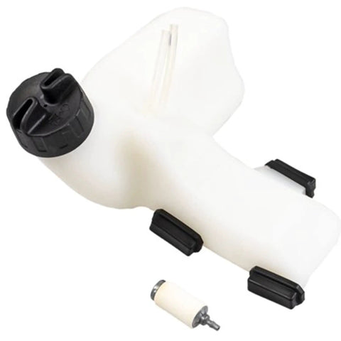 Fuel Tank Assembly Kit For Various Husqvarna Models OEM Authorized Replacement Part 545180870 Fits Chainsaws And Other Outdoor Power Equipment Durable Gas Tank Replacement With Precise Fit And OEM Quality, shown with white tank and black cap.
