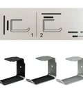 Under Desk Headphone Stand Mount With Self Adhesive Tape L Shape Headset Holder Bracket For Easy No Drill Setup And Clean Cable Management Black Finish showing L shape design with mounting instructions.