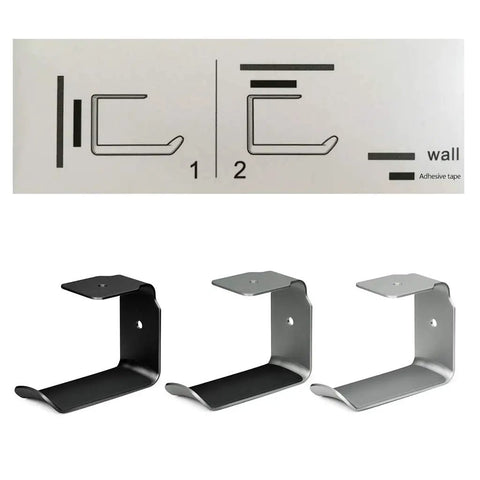 Under Desk Headphone Stand Mount With Self Adhesive Tape L Shape Headset Holder Bracket For Easy No Drill Setup And Clean Cable Management Black Finish showing L shape design with mounting instructions.
