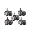 Heavy Duty Two Inch Twin Wheel Caster Set For Office Chairs Featuring Silent TPR Rubber Wheels and Quick 11 Millimeter Stem Mount. Five black twin wheel casters.
