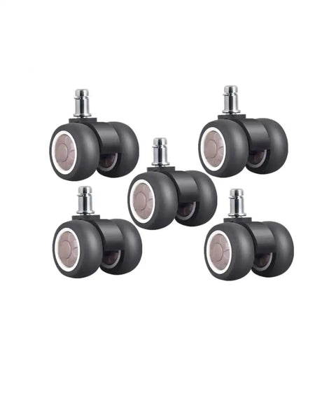 Heavy Duty Two Inch Twin Wheel Caster Set For Office Chairs Featuring Silent TPR Rubber Wheels and Quick 11 Millimeter Stem Mount. Five black twin wheel casters.