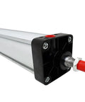 Close-up of Tough As Nails Aluminum Pneumatic Cylinder, 4 Inch Bore, 18 Inch Stroke, Double Acting, Single Rod, Model SC 100 x 450.