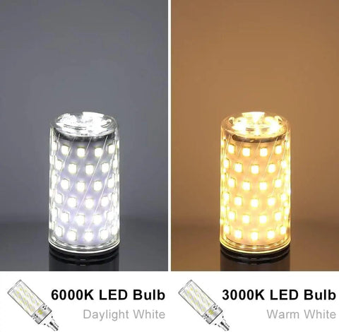 6000K daylight white and 3000K warm white LED bulbs comparison, showing brightness levels for chandeliers.