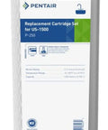 Under Sink Water Filter Set For US 1500 System Replacement Cartridges That Remove Lead And VOCS Including Gasoline Components And Industrial Cleaners 10 Inch By 2.5 Inch No Hassle Install Direct Fit Filtration Kit displayed vertically with packaging details visible.