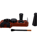 Premium Spring Loaded 51Mm Coffee Espresso Tamper Set Delivering Exact 30 Pound Pressure For Flawless Puck Prep and tools on wooden base.