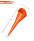 Image of a single orange long-neck oil funnel from Two Pack Long Neck Oil Funnels, Spill Saver Plastic Fill Funnels For Automotive Oils And Liquids.