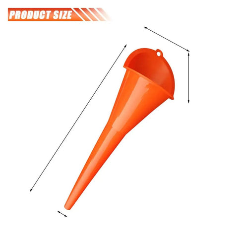 Image of a single orange long-neck oil funnel from Two Pack Long Neck Oil Funnels, Spill Saver Plastic Fill Funnels For Automotive Oils And Liquids.