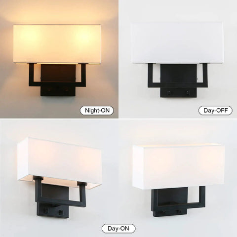 Double Black Wall Sconce Set With White Textile Shades And Easy On Off Switch Modern Living Room Bedroom Bedside Lighting Fixture For Cozy Vibe Lighting Works With E26 Bulbs And Dimmable Options in various lighting settings