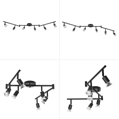 Six Light Foldable Track Lighting Kit With Adjustable Heads And Bendable Arms In Matte Black Finish, Dimmable GU10 Base