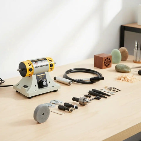 Pro Grade Jewelry Polishing And Grinding Machine Bench Lathe For Lapidary And DIY Jewelry Making 110V with tools on wooden desk