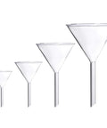 Four Piece Borosilicate Glass Funnel Set With 100mm 75mm 50mm And 40mm Diameters And Long Stems High Temperature Lab Grade Durable Chemical Resistant Reusable And Easy To Clean, four funnels