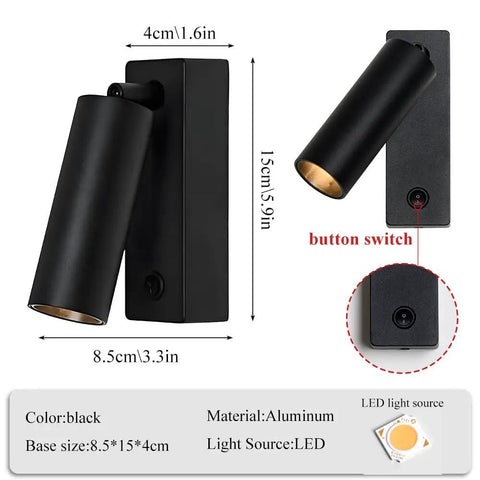 JGSYD Bedside Reading Lamp, Adjustable Metal Wall Light, White/Black Wall Sconce, Modern Led Wall Lamps - 3W - 4000K, shown in black with button switch.
