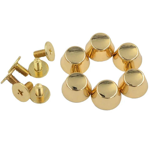 Top Tier Hella Durable Mini Copper And Iron Purse Feet With Spike Back Screws And Flat Head Studs Providing Killer Luggage Bottom Protection In Three Go To Colors For Bags And Travel Pouches, golden studs and screws.