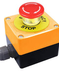 Red IP65 Waterproof Emergency Stop Push Button Switch With 1 NO 1 NC Contacts, DPST Constricting Action, 660V AC 10A on yellow base