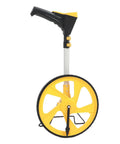 Aramox Digital Measuring Wheel with Backlit LCD 5-Button Control Memory Storage 99999ft Range exposed from the side, showing yellow wheel and handle.