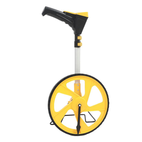 Aramox Digital Measuring Wheel with Backlit LCD 5-Button Control Memory Storage 99999ft Range exposed from the side, showing yellow wheel and handle.