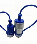 Front view of two blue 1/2 in NPT ISO 5675 hydraulic quick-connect couplers with dust caps