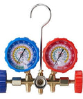 Front view of VEVOR 3-way automotive AC manifold gauge set with blue left gauge, red right gauge, brass body, and hanging hook.