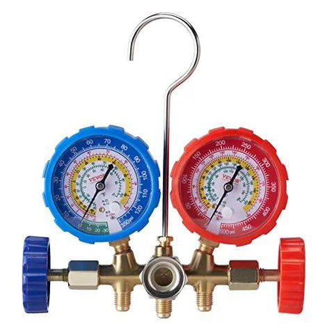 Front view of VEVOR 3-way automotive AC manifold gauge set with blue left gauge, red right gauge, brass body, and hanging hook.