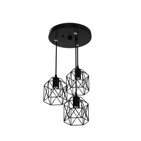 Industrial 3 Light Pendant Light With Adjustable Length Hanging Fixture Black Metal Cage Farmhouse Pendant For Kitchen Island Dining Room Hallway EZ Install E26 Base 50 Inch Overall Length