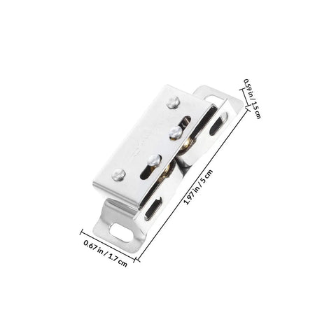 Stainless Steel Ball Catch Cabinet Door Latch Set 10 Piece Spring Tension Replacement, easy install, quiet close, shown with dimensions.
